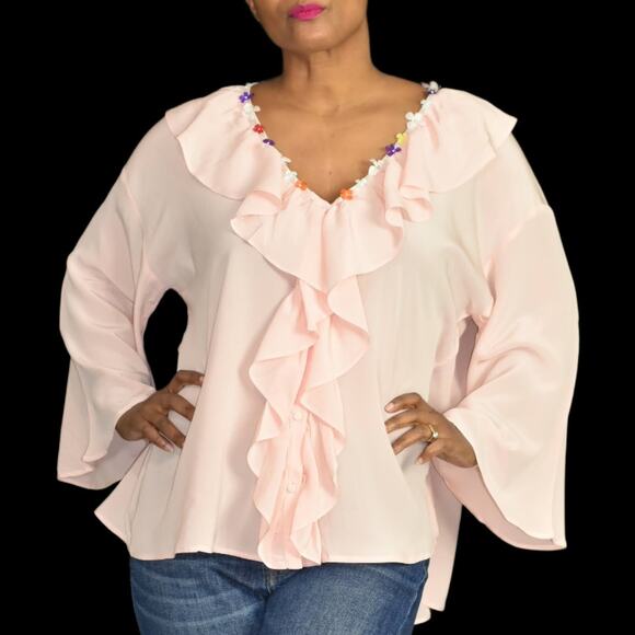 Paul and Joe Silk Blouse Pink Bell Sleeve Top Daisy Chain Ruffles Poet Sz Large - Picture 1 of 16